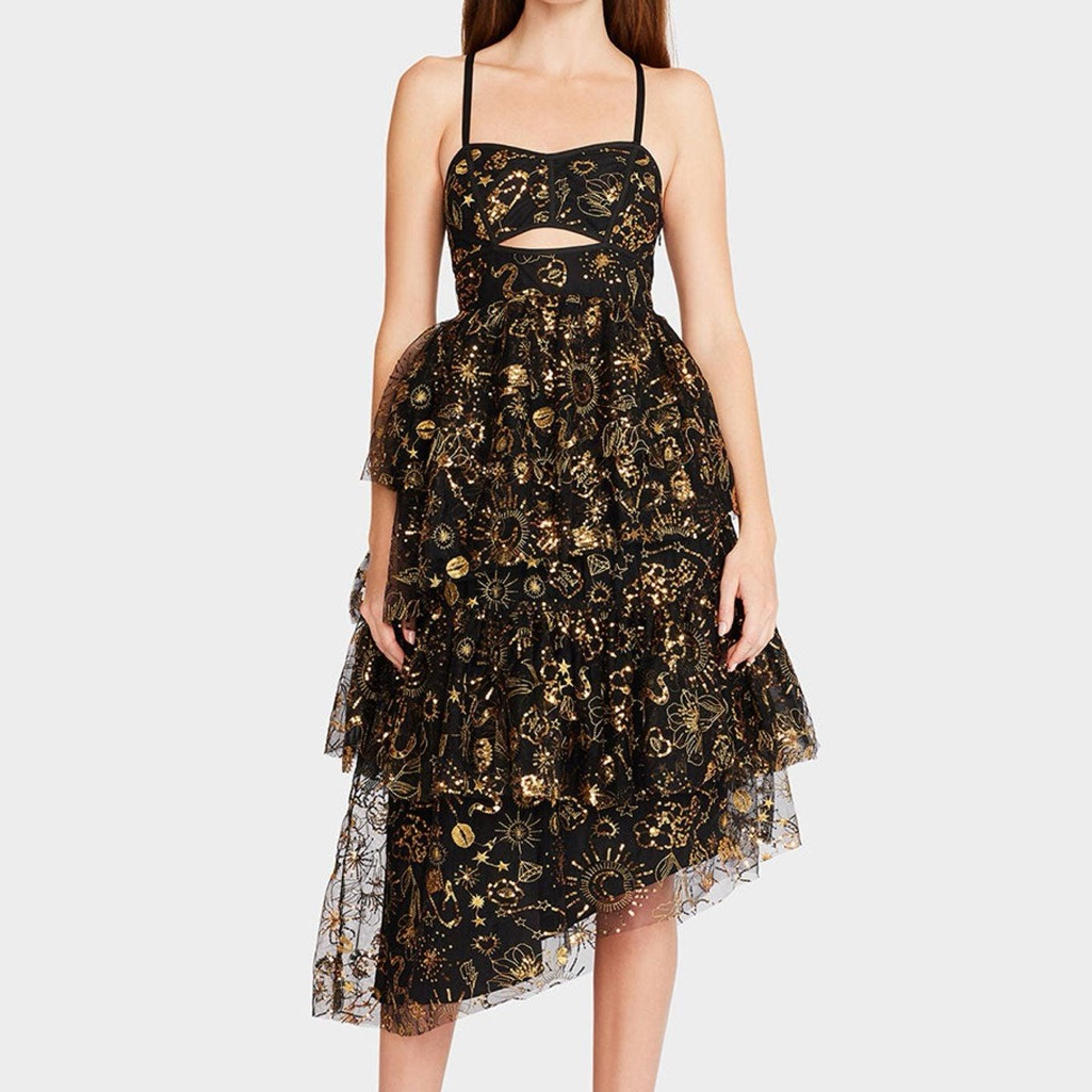 Betsey Johnson Black And Gold Celestial Tiered Midi Dress
